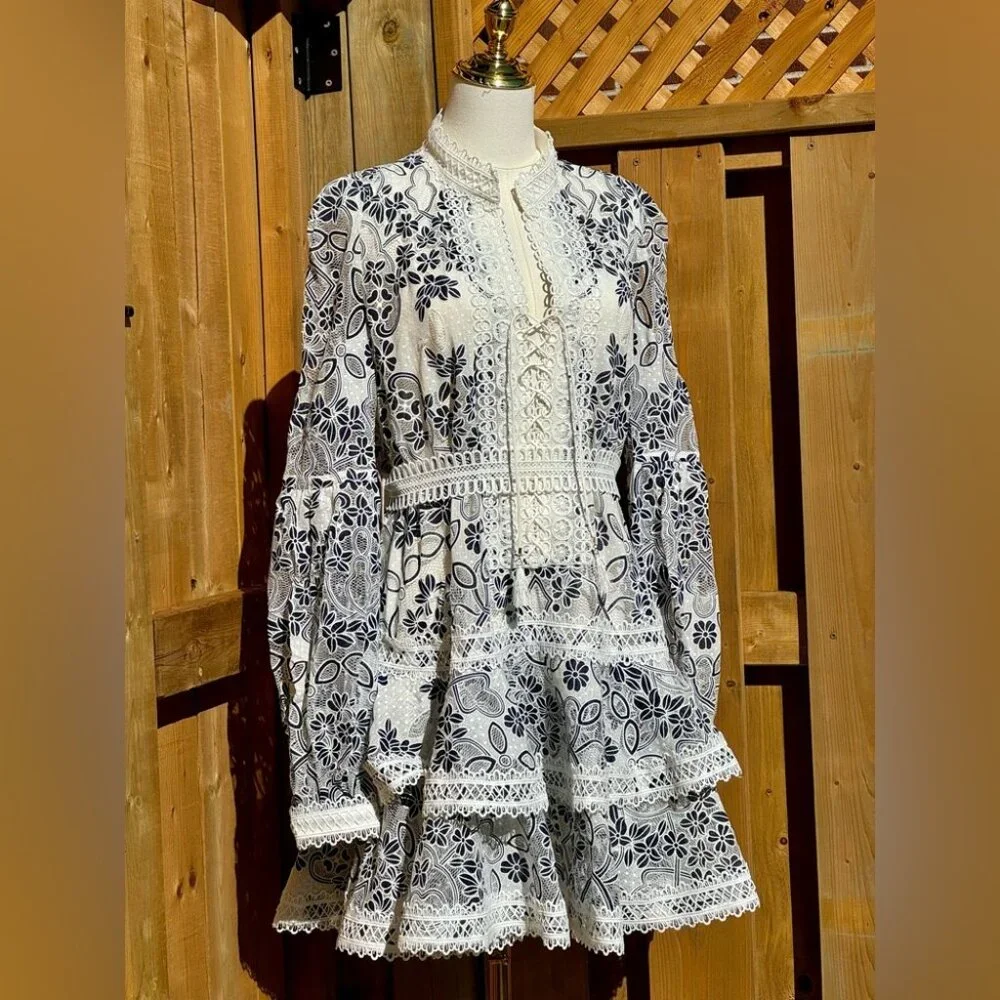 🆕 BRONX & BANCO 🧿 NWOT Santorini Long-Sleeve Tiered Floral Burnout Dress, Sz M